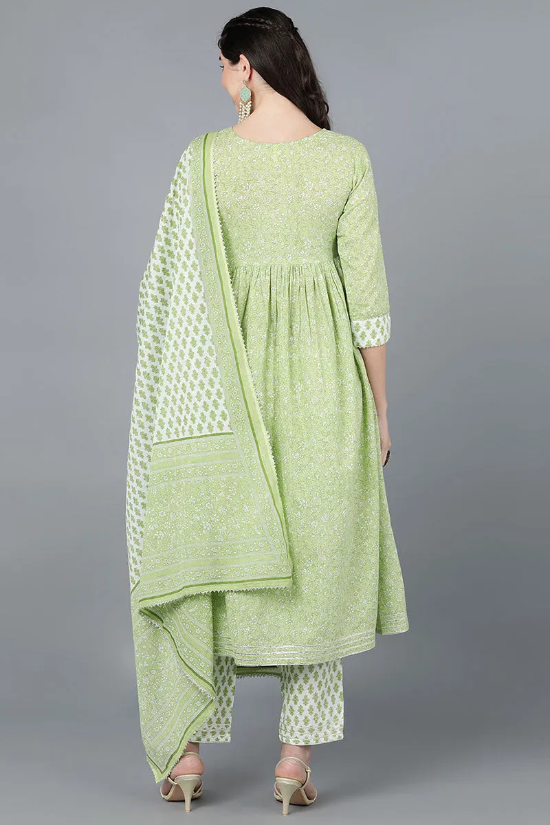 Light Green Cotton Flared Kurta Pant With Dupatta