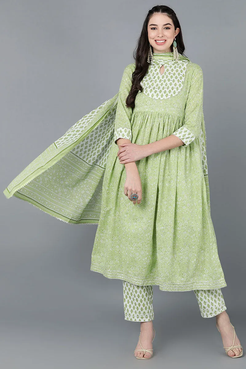 Light Green Cotton Flared Kurta Pant With Dupatta