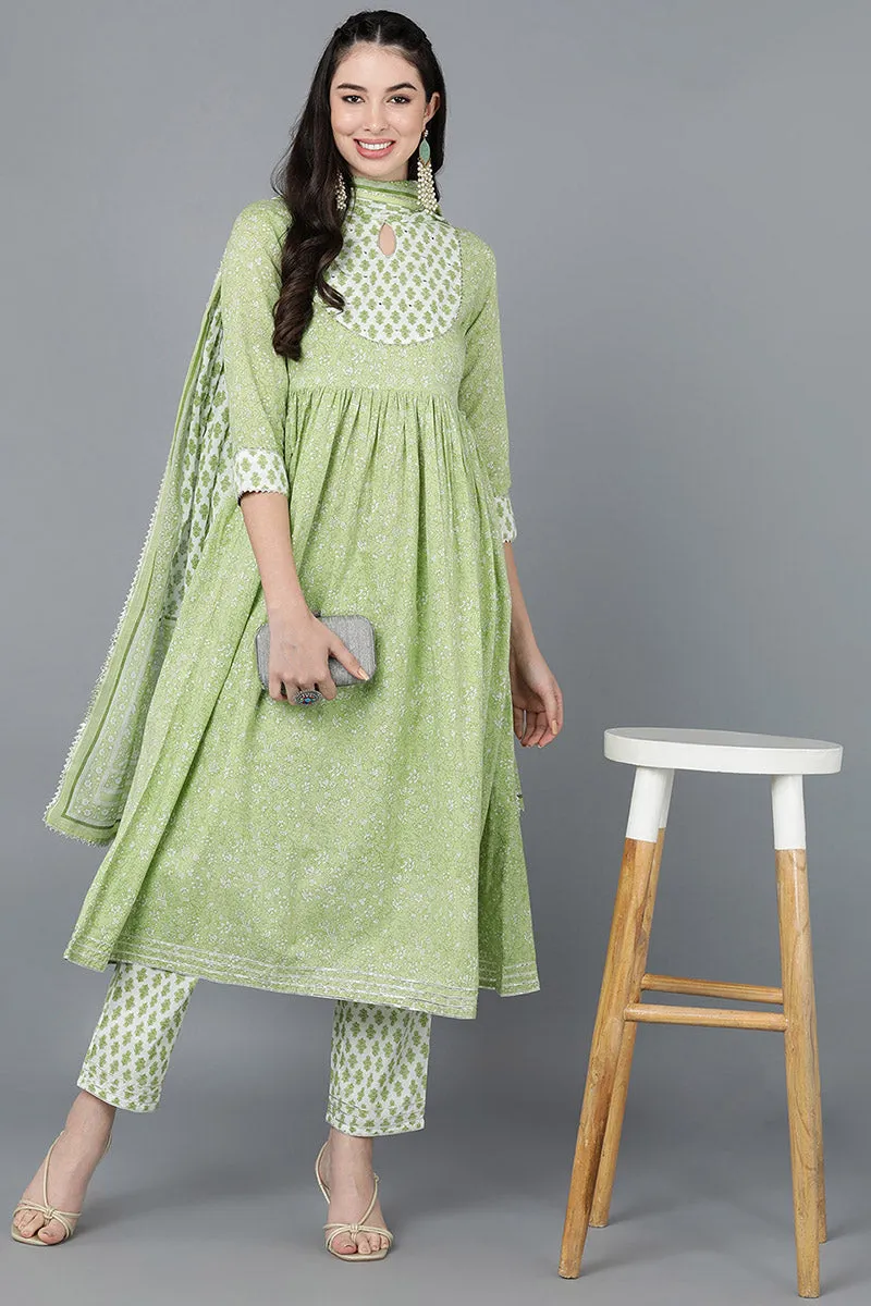 Light Green Cotton Flared Kurta Pant With Dupatta