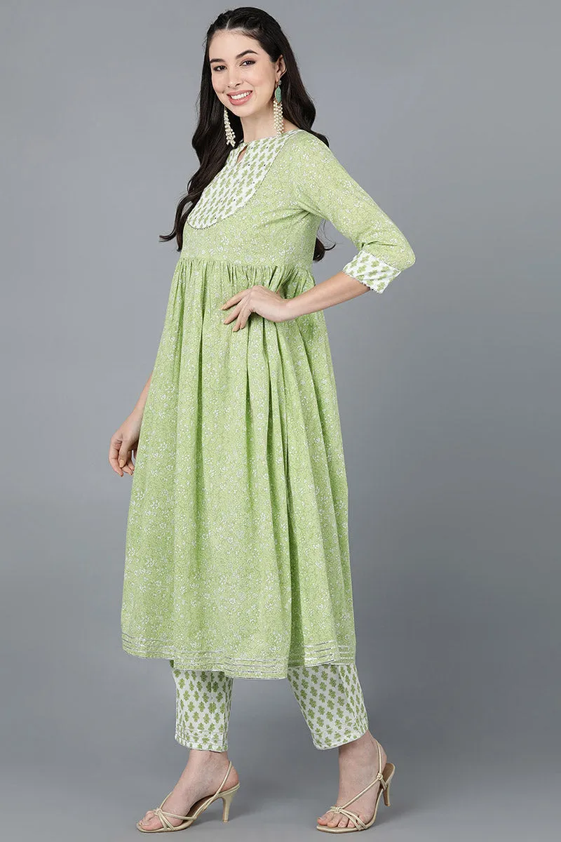 Light Green Cotton Flared Kurta Pant With Dupatta