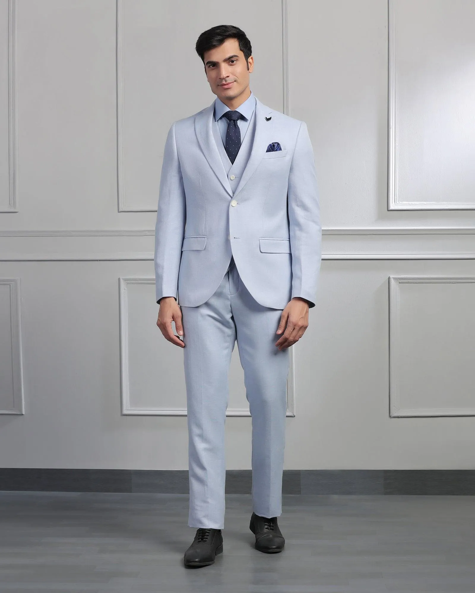 Linen Three Piece Light Blue Textured Formal Suit - Mineral