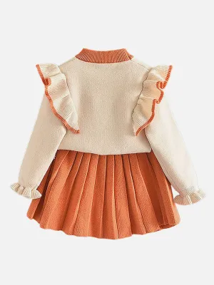 Little Surprise Box Orange Ruffled Shoulder 2 pcs Sweatshirt & Skirt Winterwear set for Girls