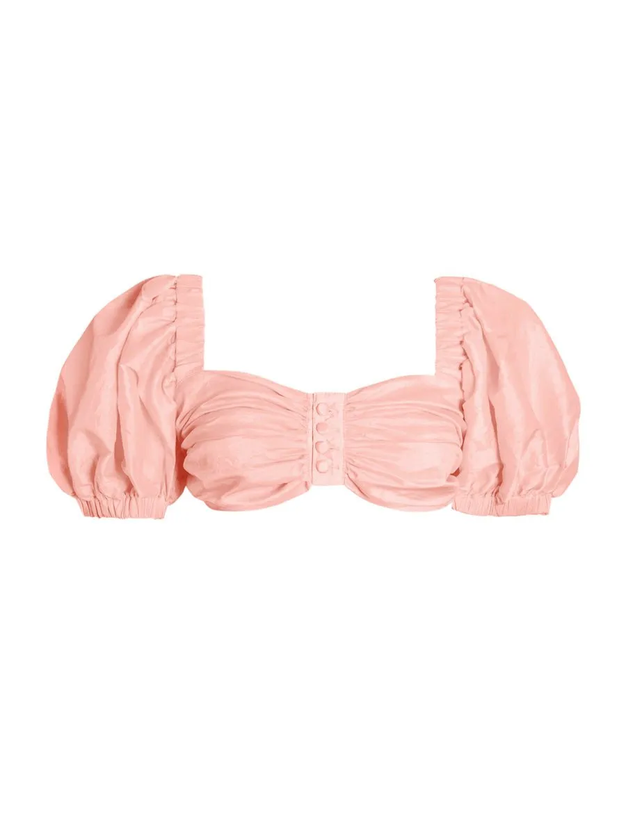 Lola Button Detail Silk Taffeta Crop Top - Soft Pink