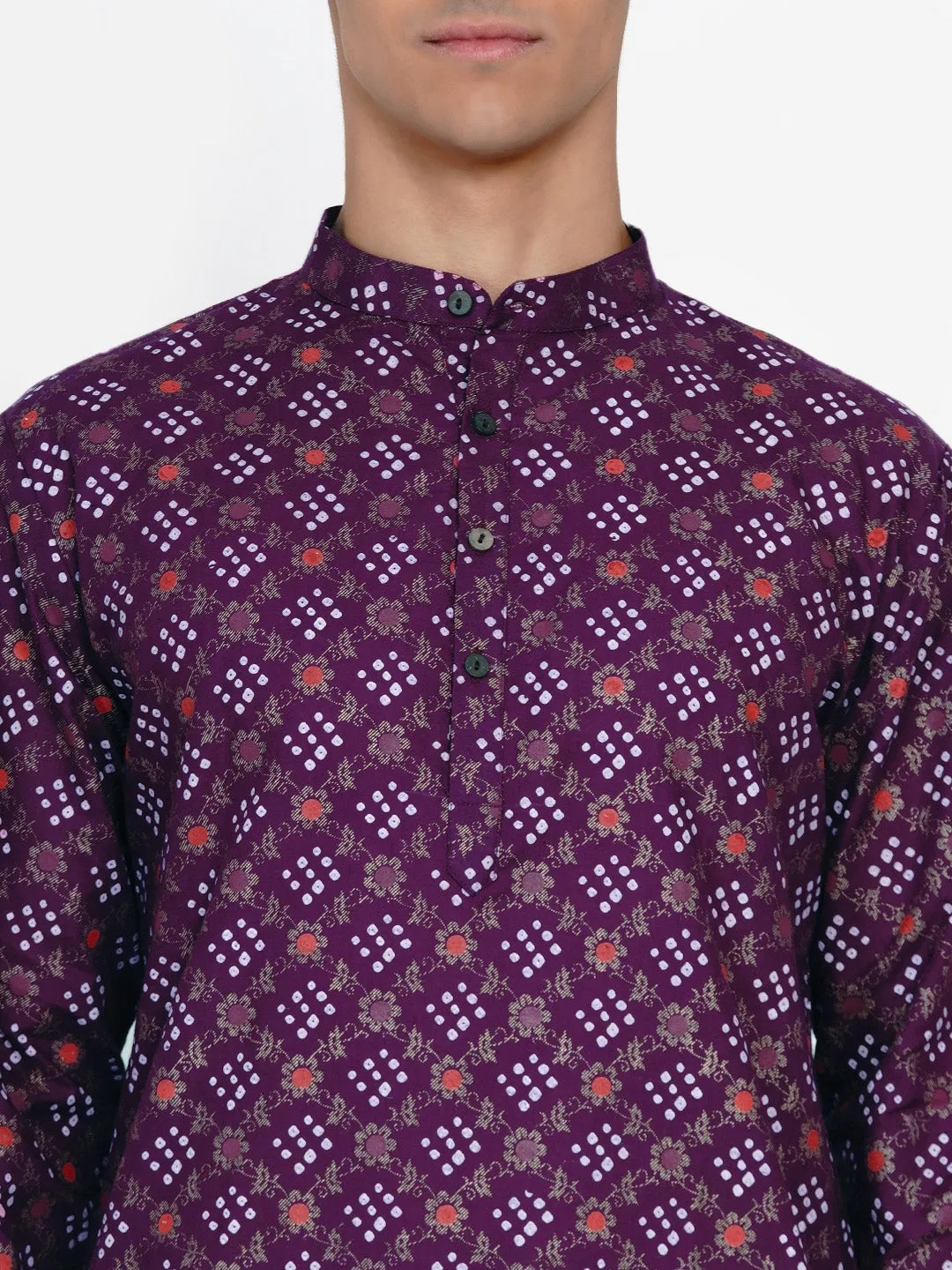 Men Burgundy Ethnic Motifs Angrakha Kurti with Pyjamas