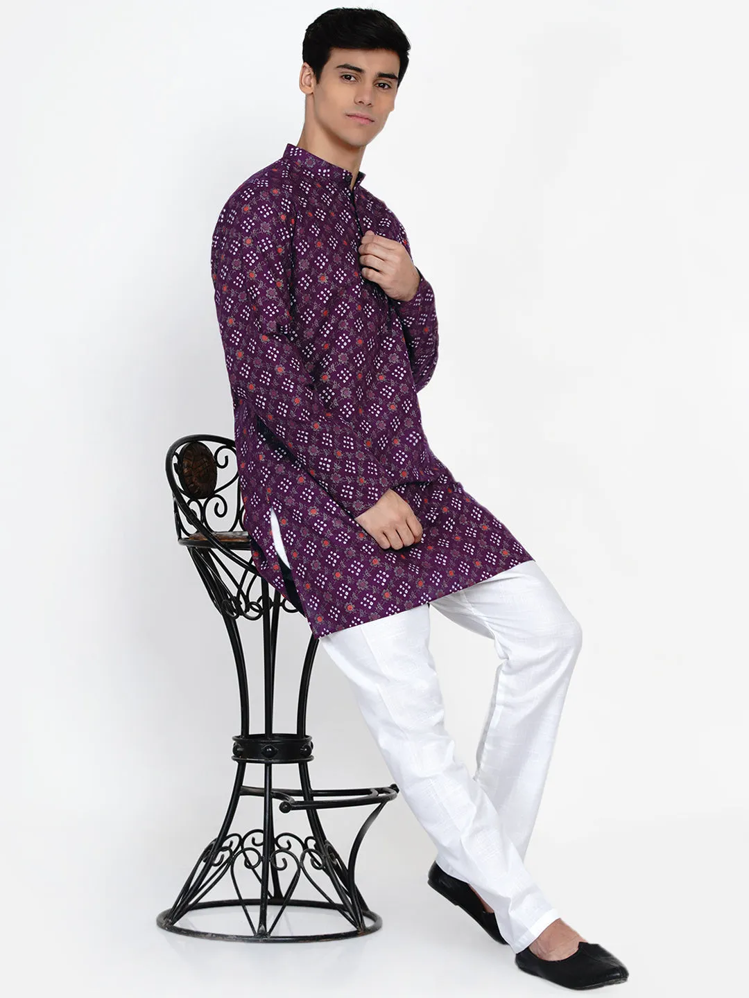 Men Burgundy Ethnic Motifs Angrakha Kurti with Pyjamas