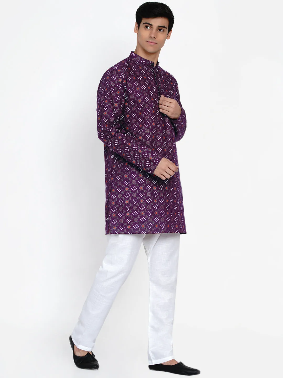 Men Burgundy Ethnic Motifs Angrakha Kurti with Pyjamas