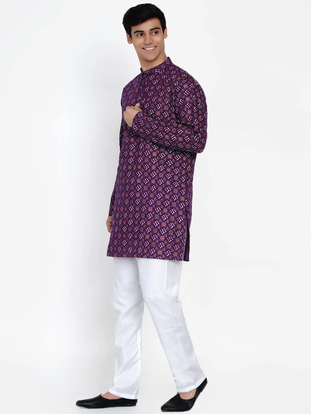 Men Burgundy Ethnic Motifs Angrakha Kurti with Pyjamas