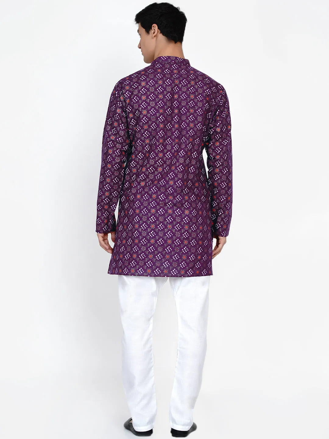 Men Burgundy Ethnic Motifs Angrakha Kurti with Pyjamas