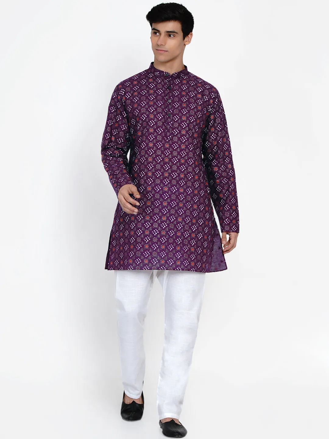 Men Burgundy Ethnic Motifs Angrakha Kurti with Pyjamas