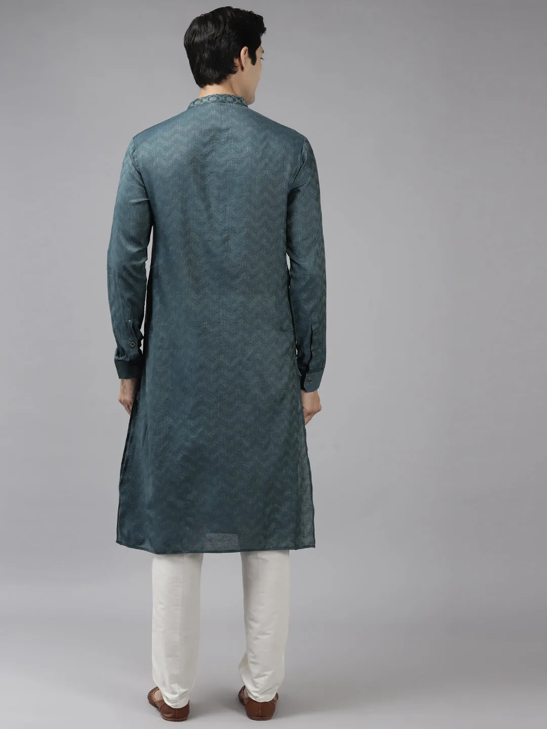 Men Teal & Beige Woven Design Thread Work Kurta With Pyjama