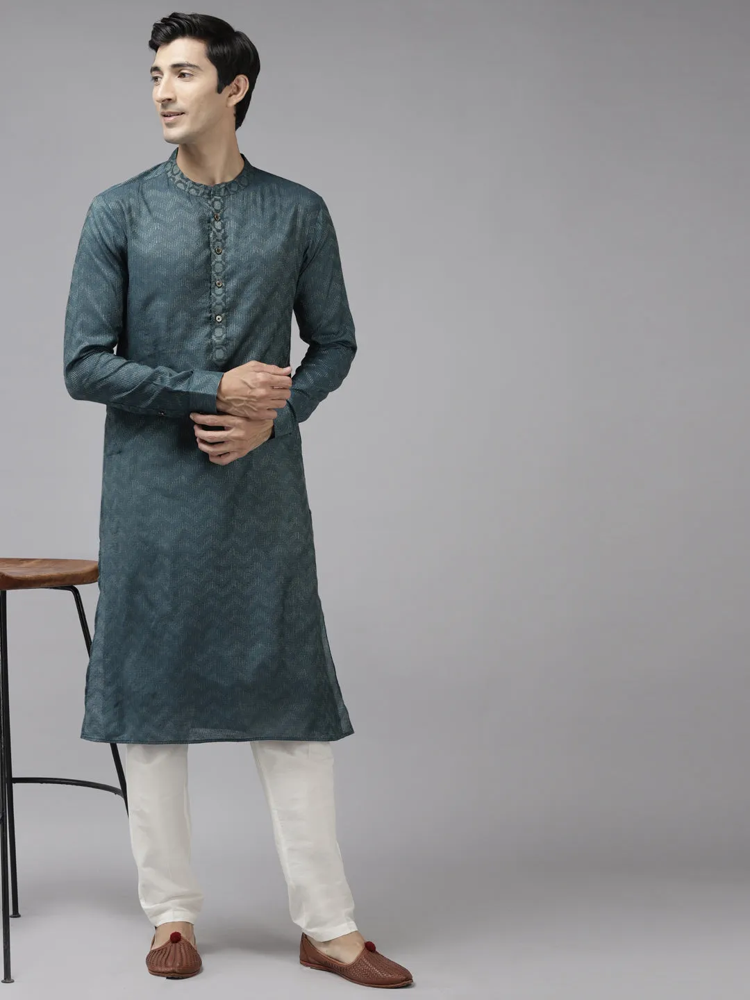 Men Teal & Beige Woven Design Thread Work Kurta With Pyjama