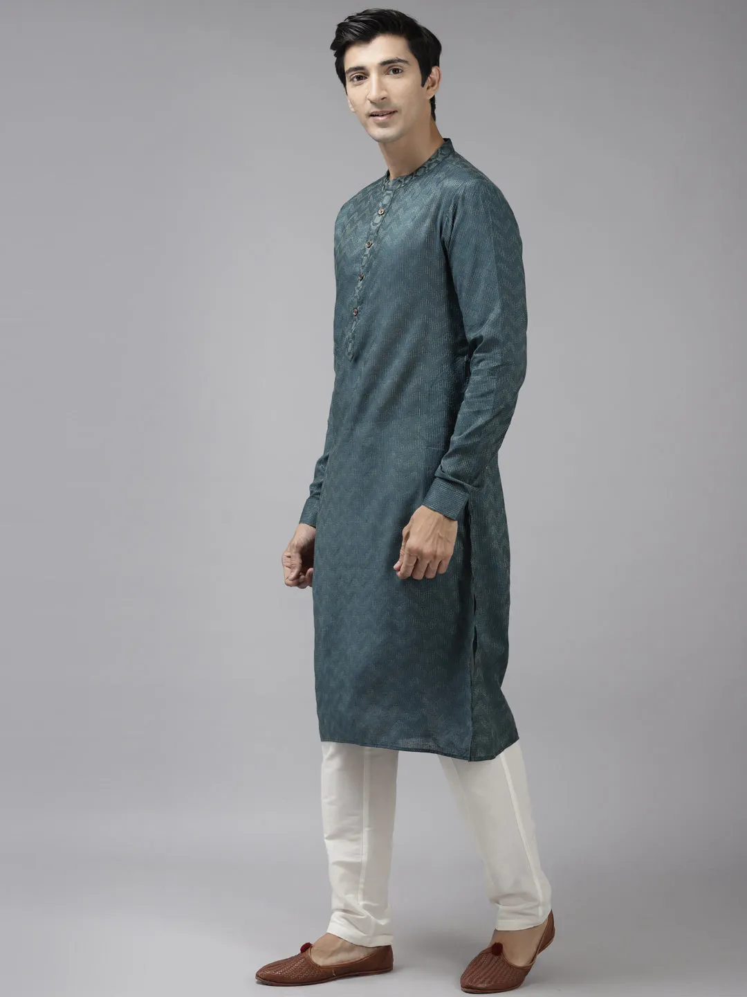 Men Teal & Beige Woven Design Thread Work Kurta With Pyjama