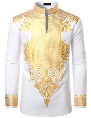 Men's Afrikan Dashiki Luxury Metallic Gold Printed Mandarin Collar Shirt