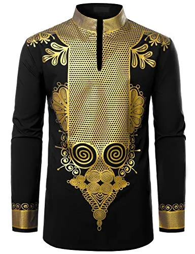 Men's Afrikan Dashiki Luxury Metallic Gold Printed Mandarin Collar Shirt