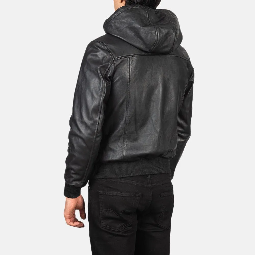 Mens Nintenzo Black Hooded Leather Jacket