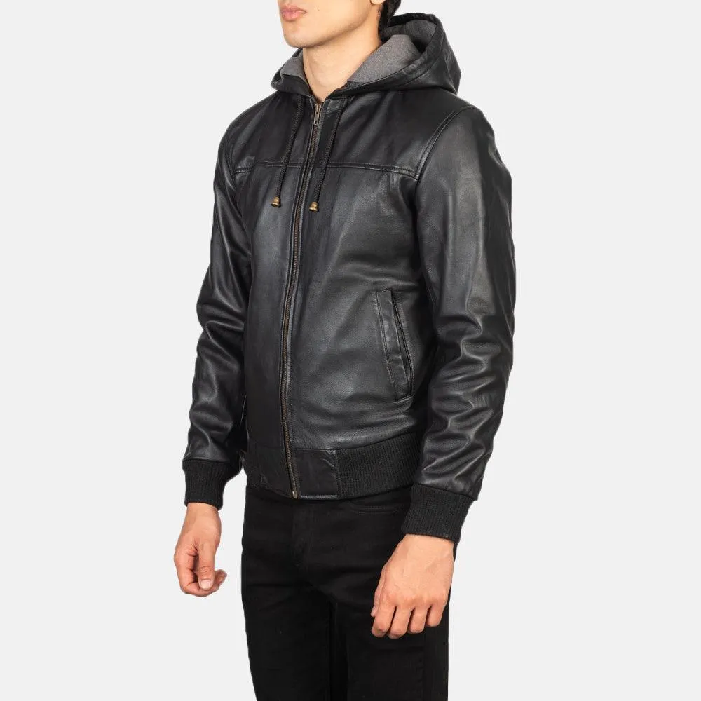 Mens Nintenzo Black Hooded Leather Jacket