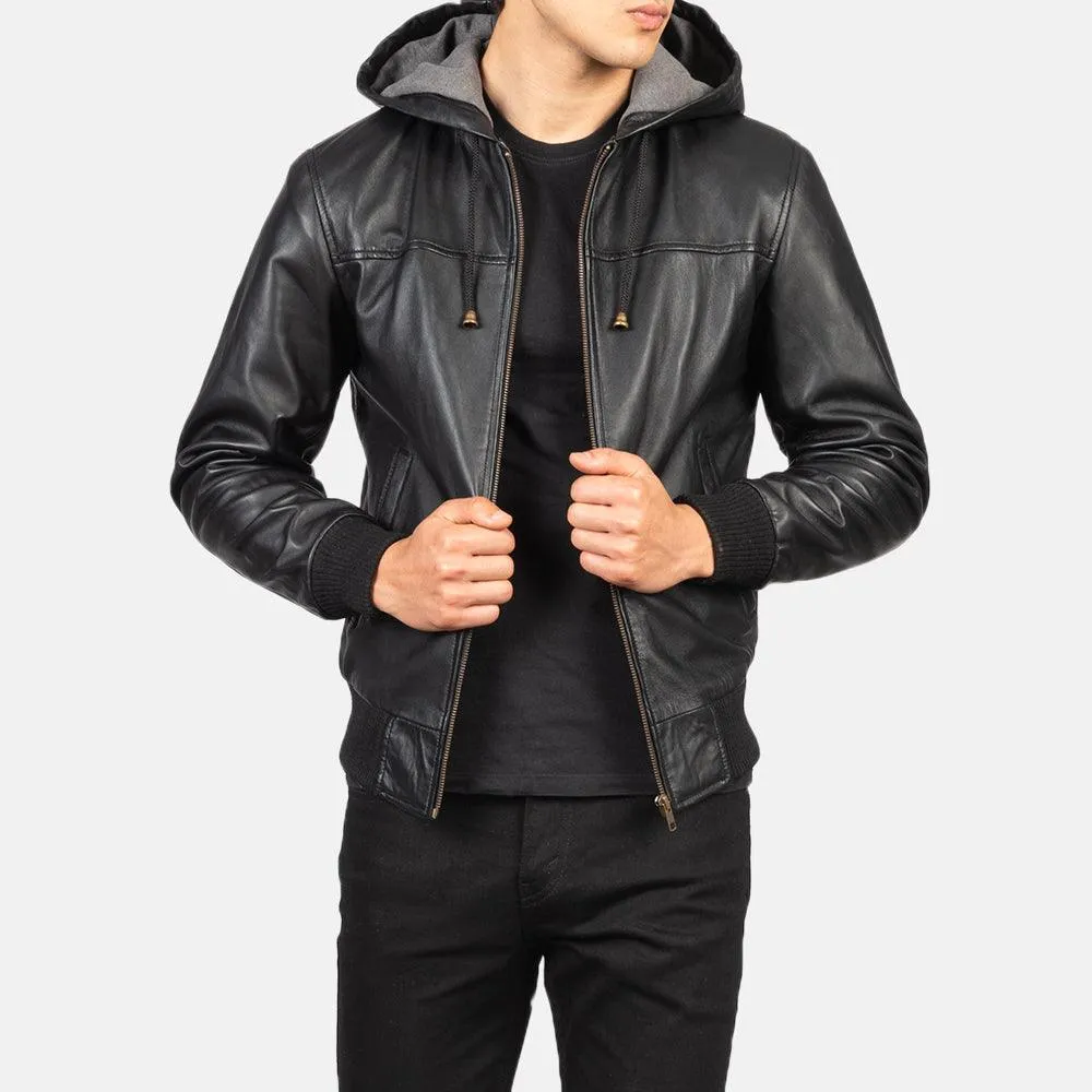 Mens Nintenzo Black Hooded Leather Jacket