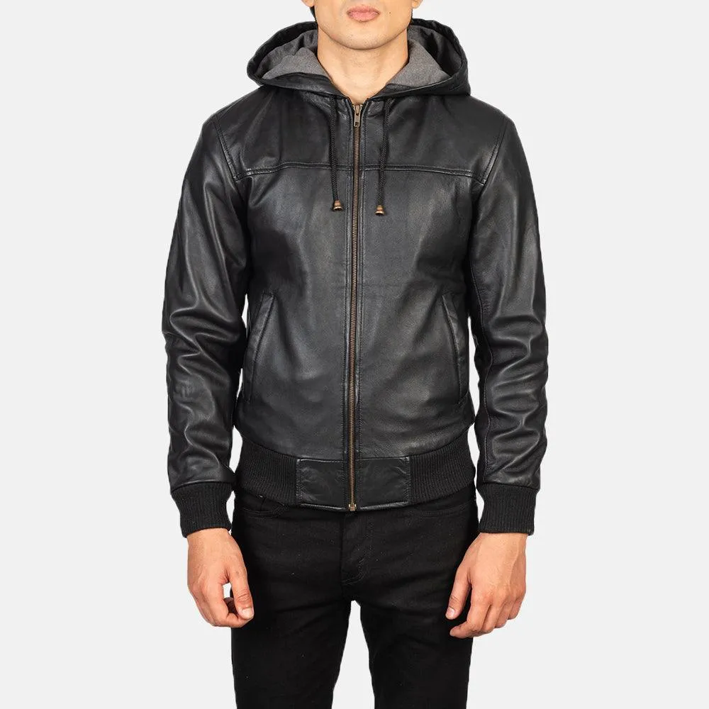 Mens Nintenzo Black Hooded Leather Jacket