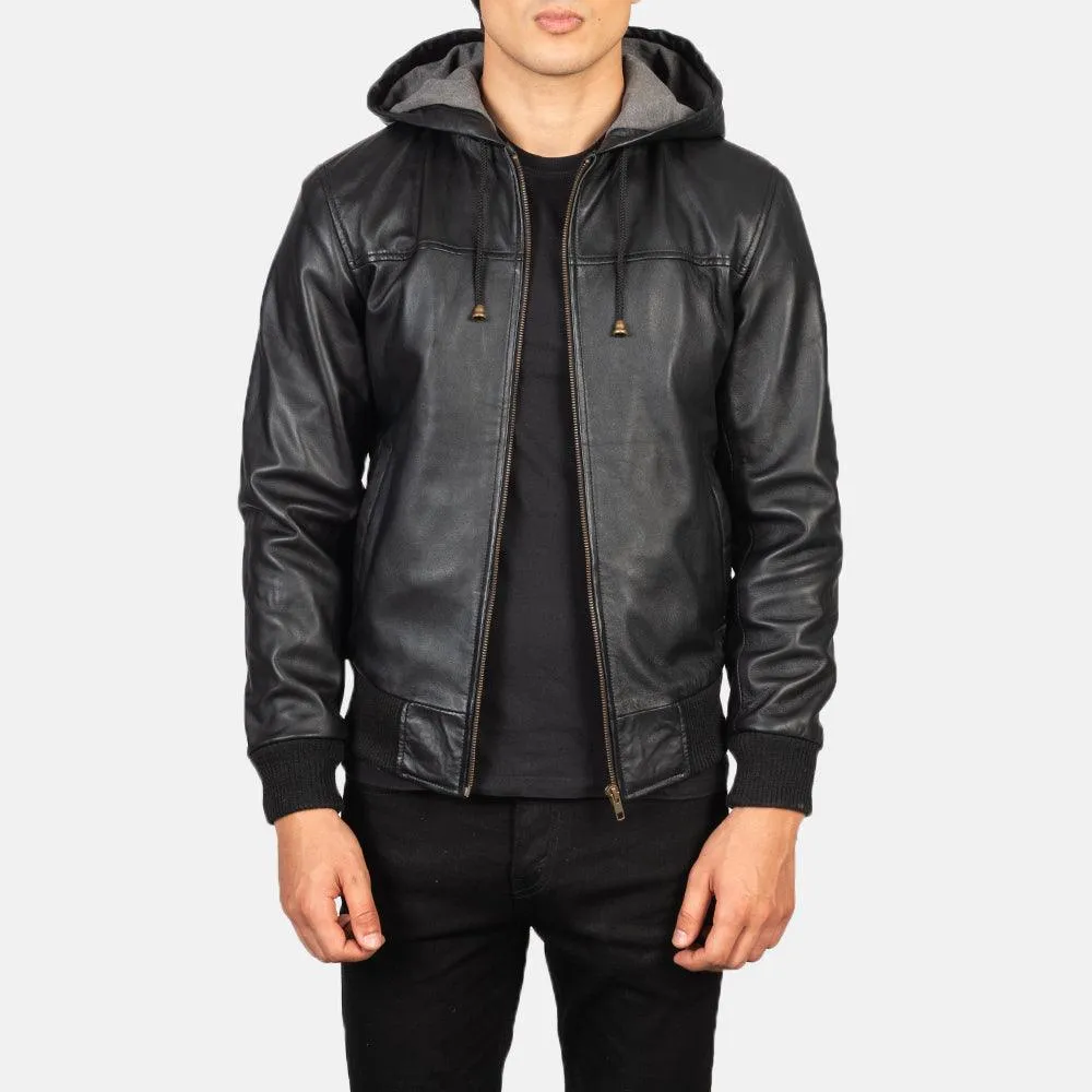 Mens Nintenzo Black Hooded Leather Jacket