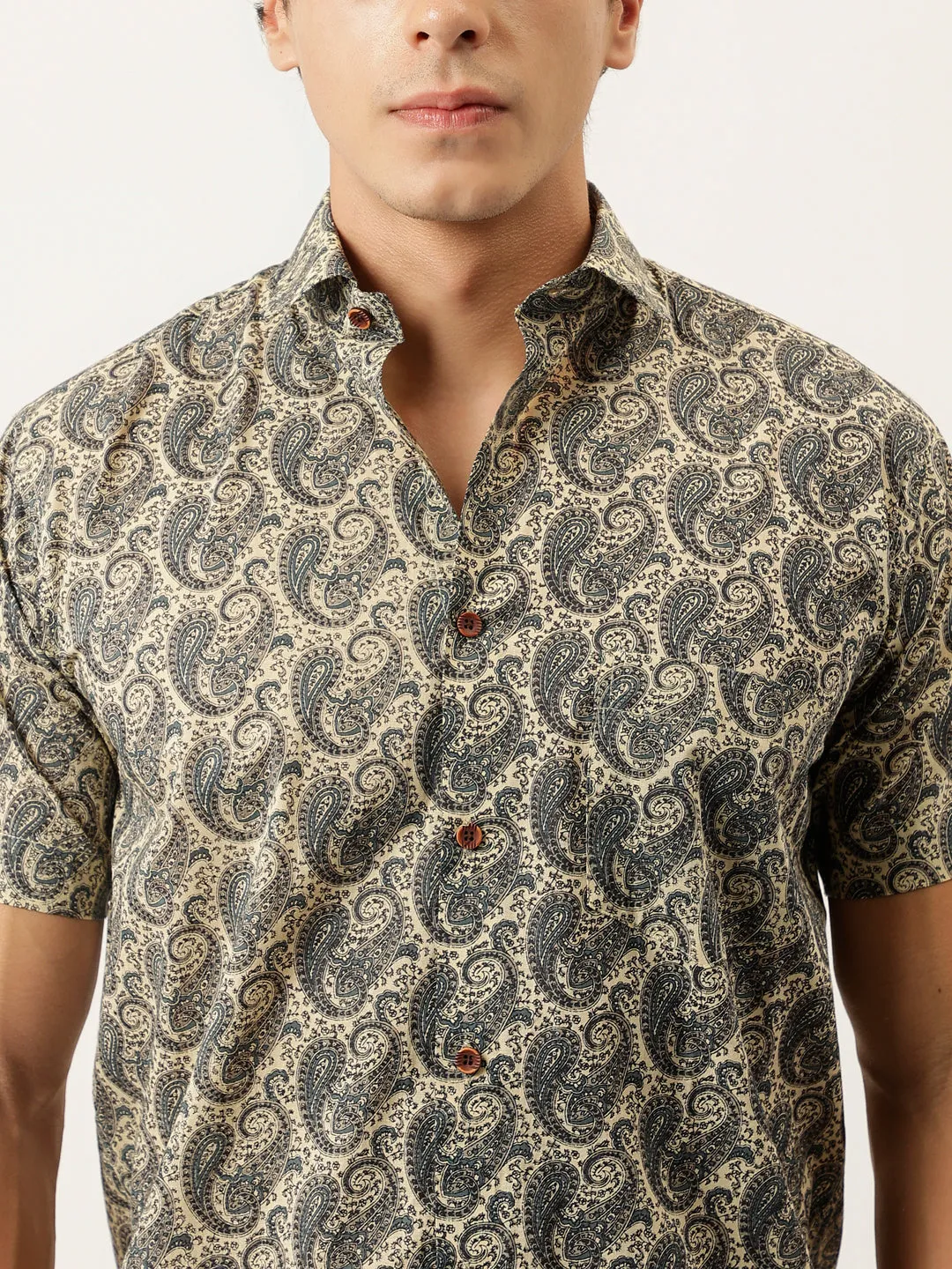 Millennial Men Beige And Navy Printed Cotton Half Sleeve Shirts