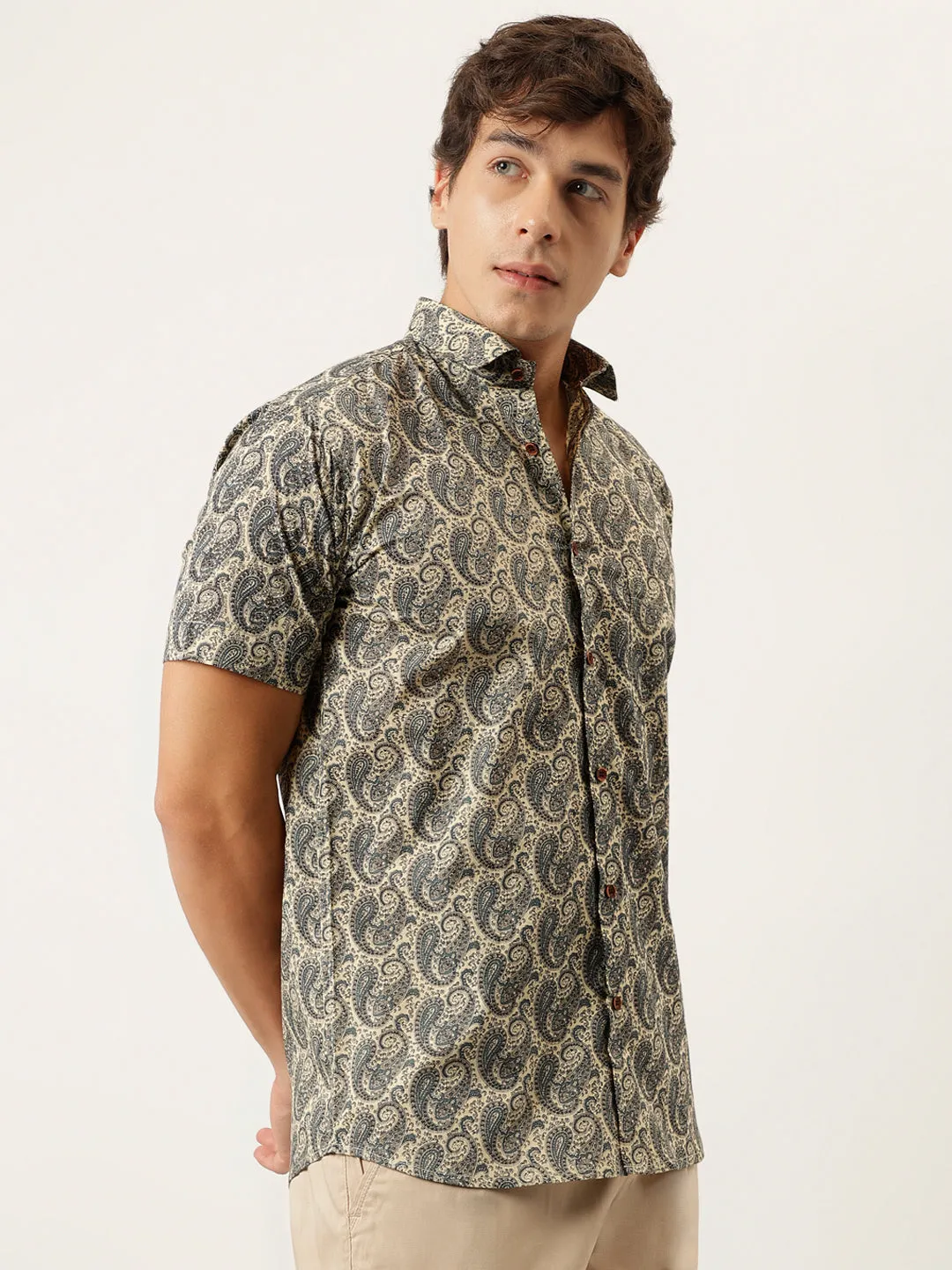 Millennial Men Beige And Navy Printed Cotton Half Sleeve Shirts