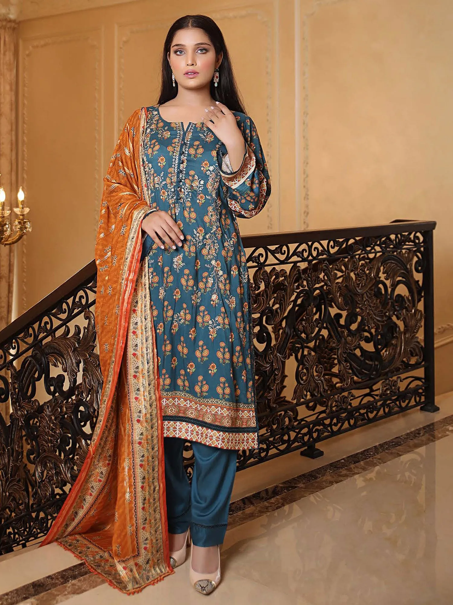 Munira Embroidered Winter Linen Suit (MSL-07) - Teal