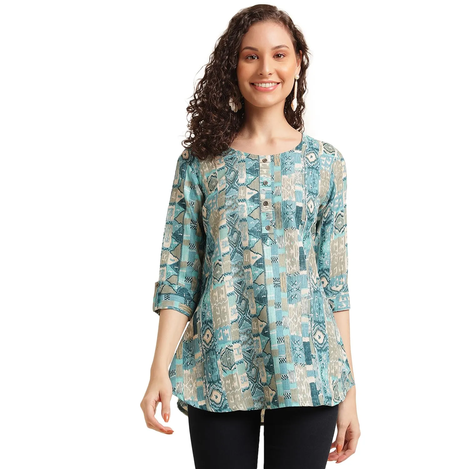 NAINVISH Women's Cotton Blend Printed Straight Round Neck Top (SD484_T-XL_Blue)