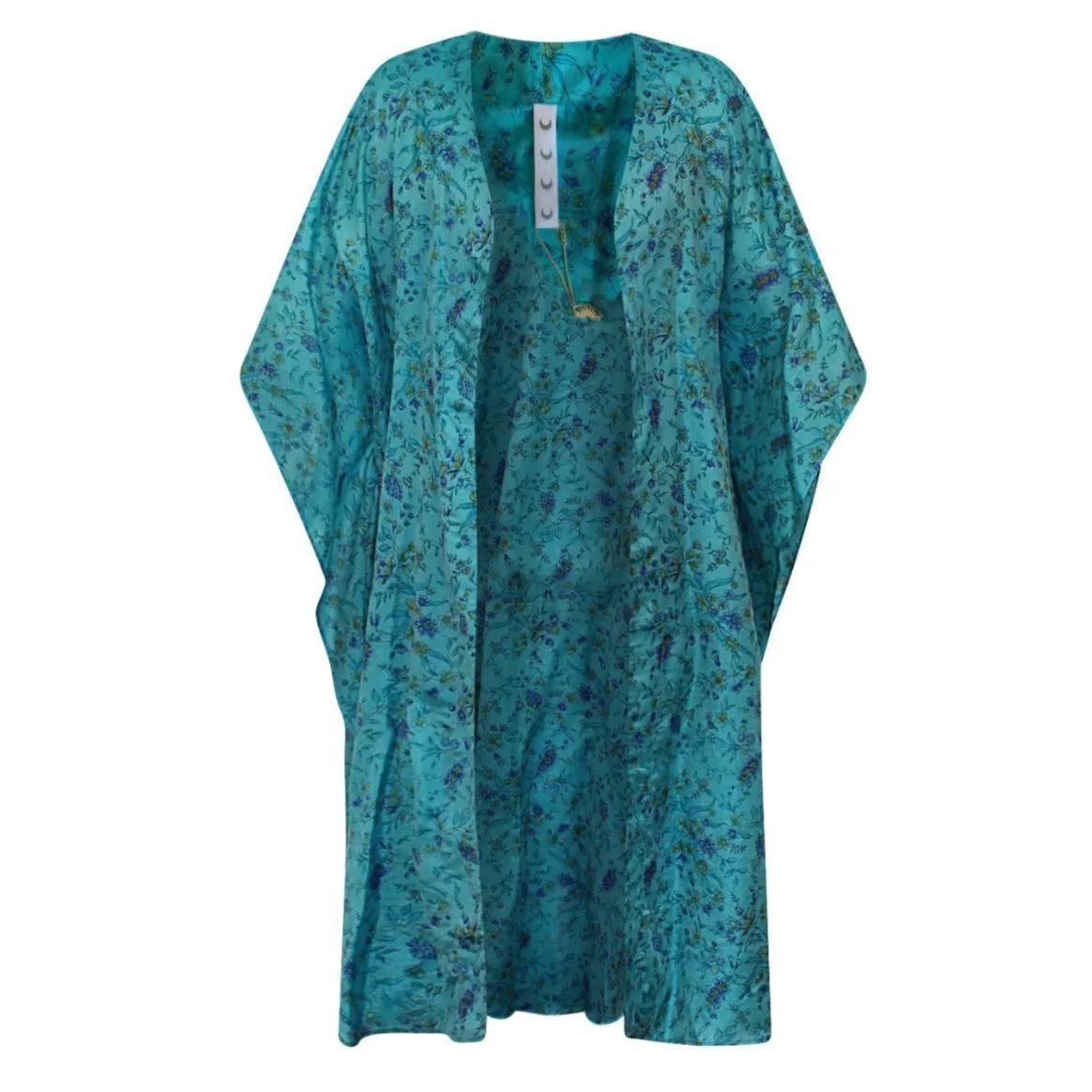 Neem - Vintage Silk Sari Aquamarine Floral Kimono Style Wrap Dress