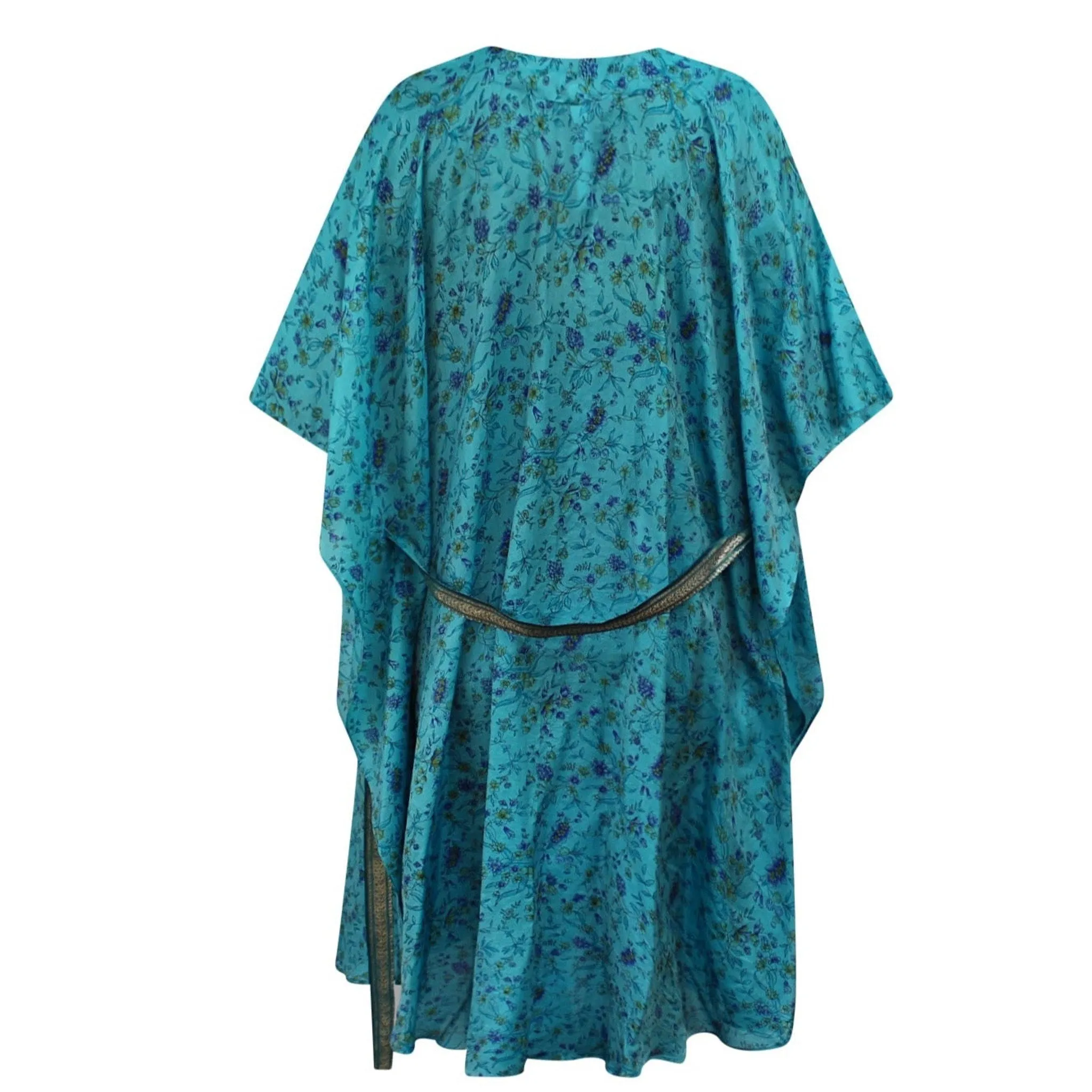 Neem - Vintage Silk Sari Aquamarine Floral Kimono Style Wrap Dress