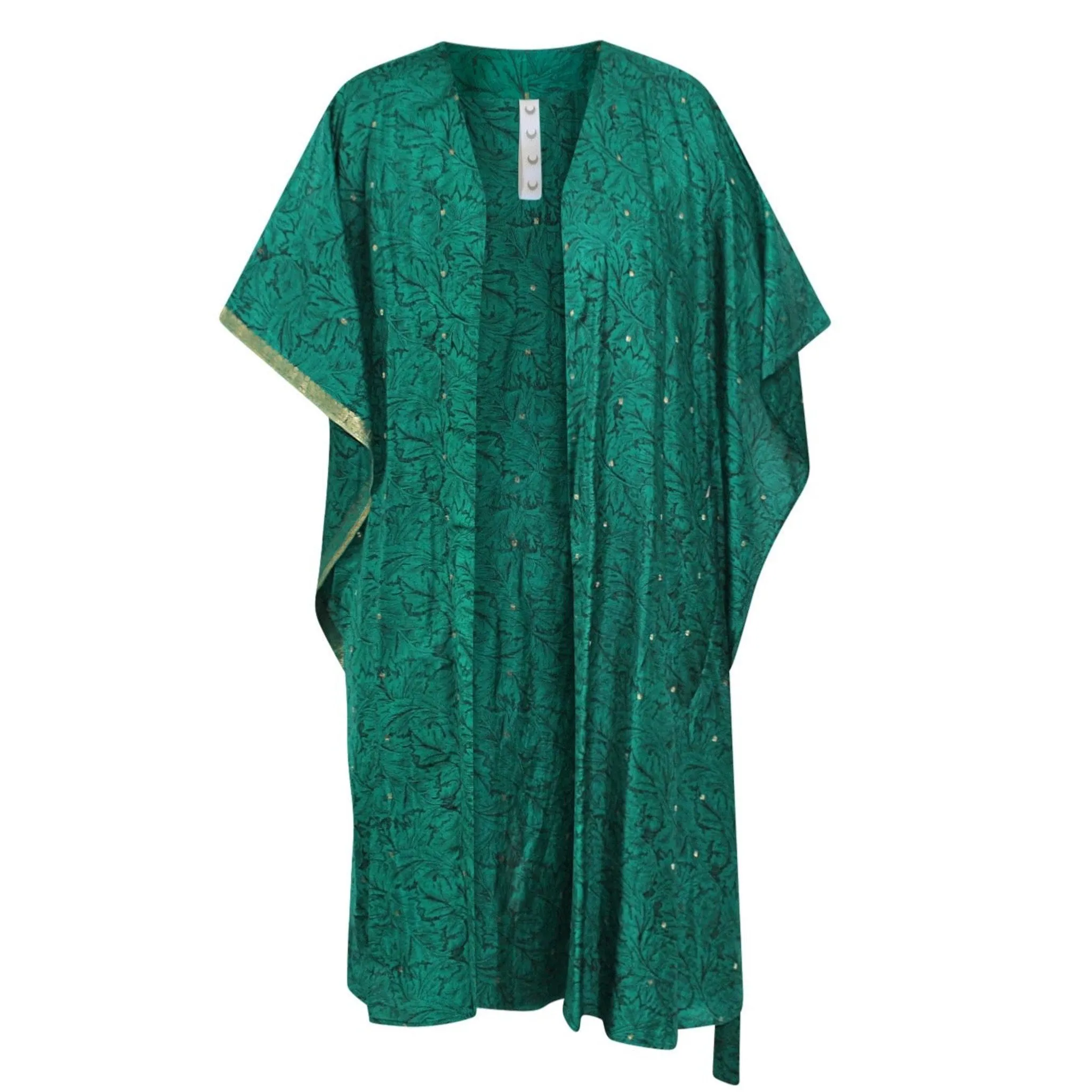 Neem - Vintage Silk Sari Emerald Green Floral Kimono Style Wrap Dress