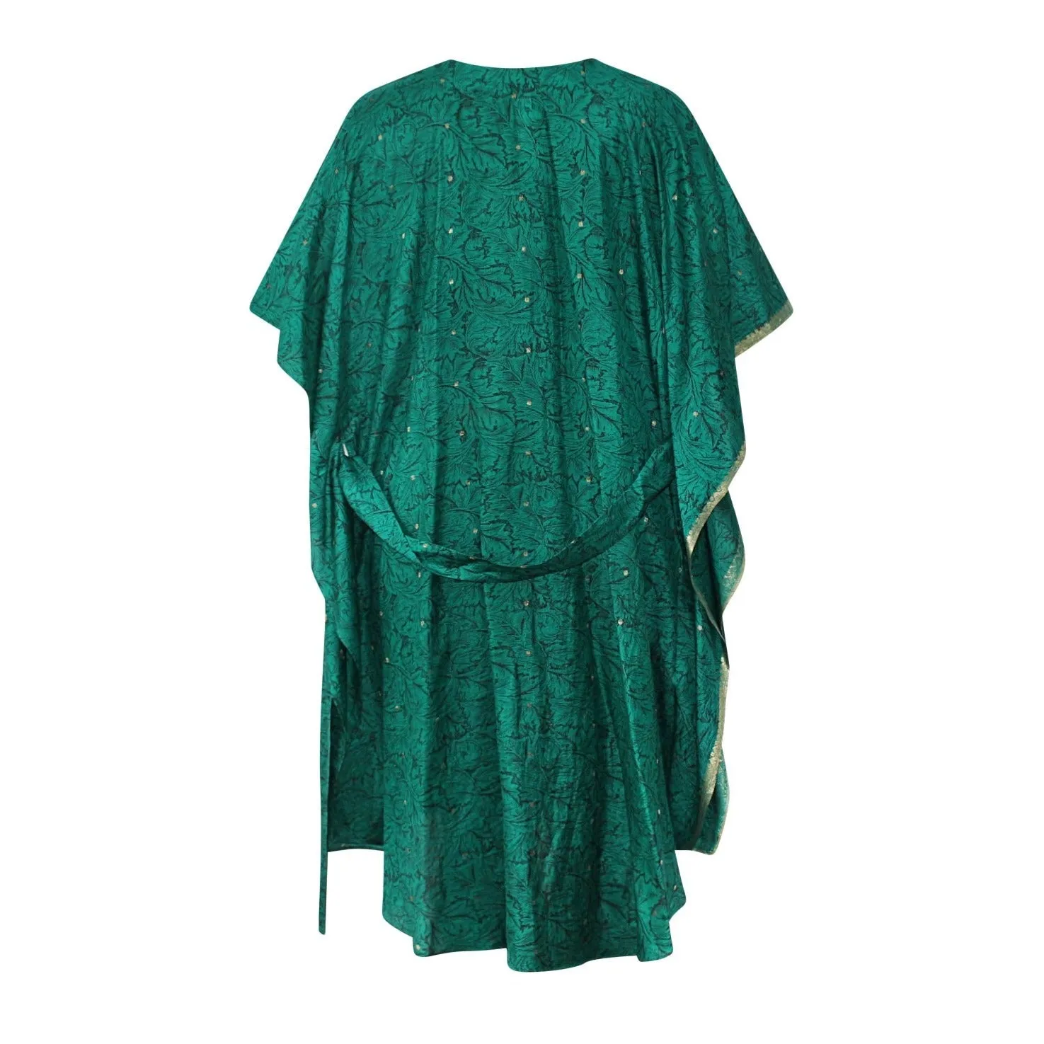 Neem - Vintage Silk Sari Emerald Green Floral Kimono Style Wrap Dress