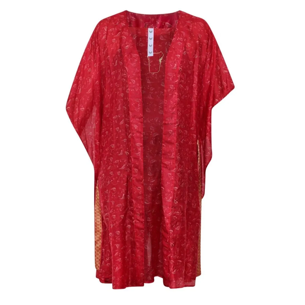 Neem - Vintage Silk Sari Ruby Red Printed Kimono Style Wrap Dress