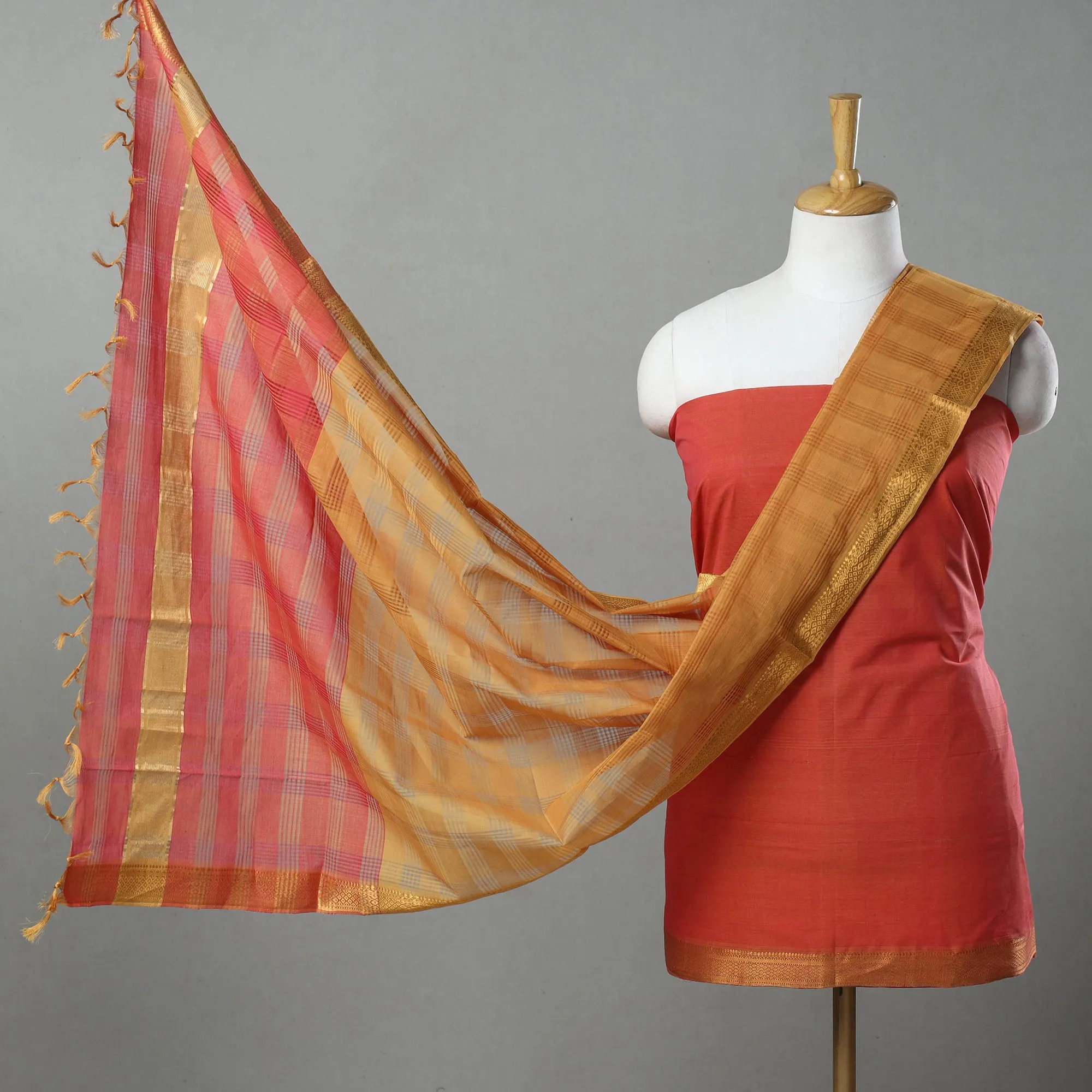 Orange - 3pc Handloom Cotton Mangalagiri Dress Material 04