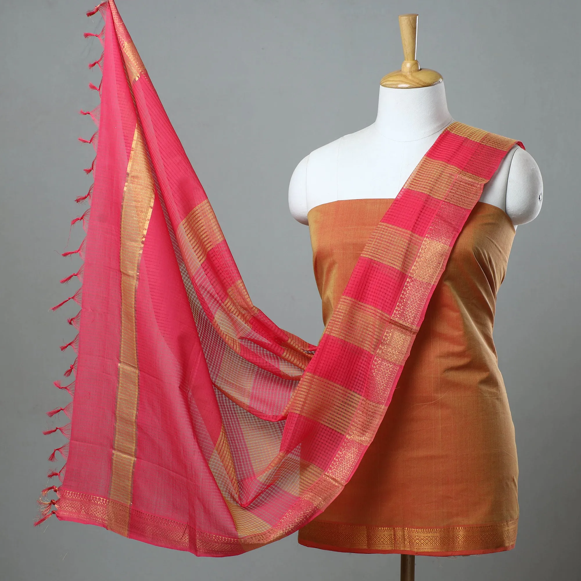 Orange - 3pc Handloom Cotton Mangalagiri Dress Material 16