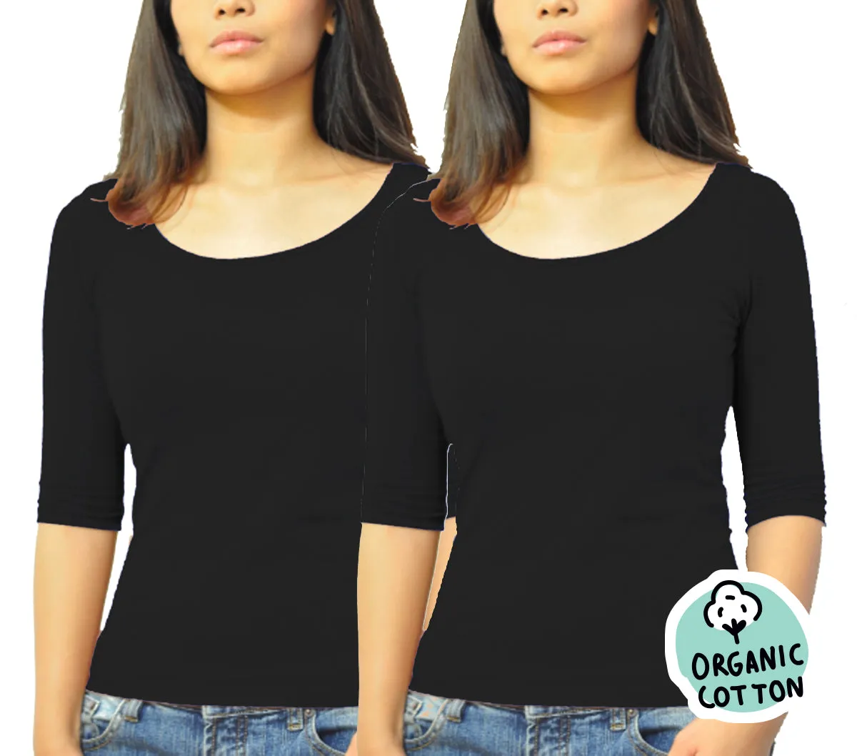 ORGANIC COTTON 3/4 SLEEVE ROUND NECK TOP PACK OF 2 (BLACK&BLACK)