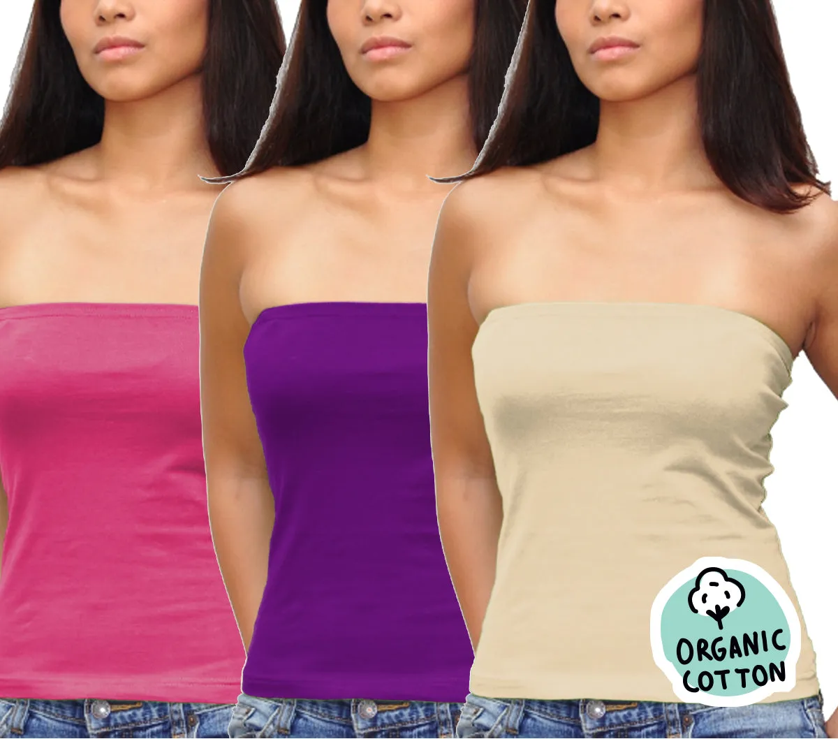 ORGANIC COTTON BASIC LONG TUBE TOP PACK OF 3 (NUDE/PURPLE/FUCHSIA)