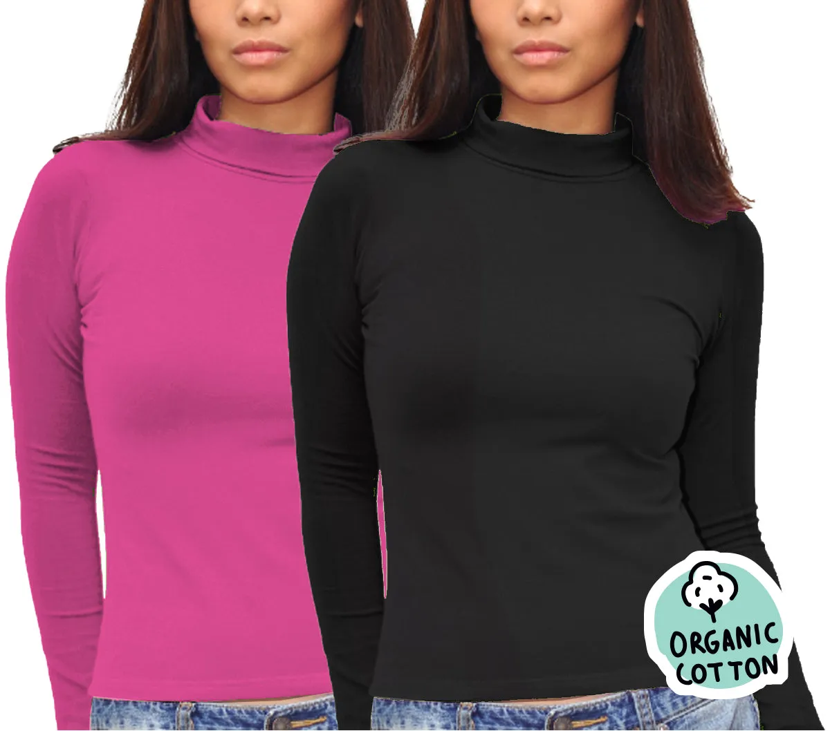 ORGANIC COTTON LONG SLEEVE TURTLE NECK TOP PACK OF 2 (BLACK&FUCHSIA)