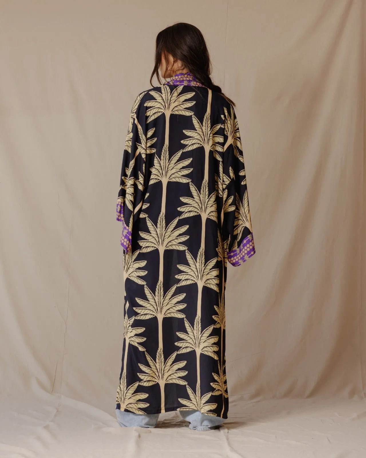 Palms Cotton Kimono Black X Purple