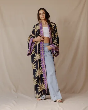 Palms Cotton Kimono Black X Purple