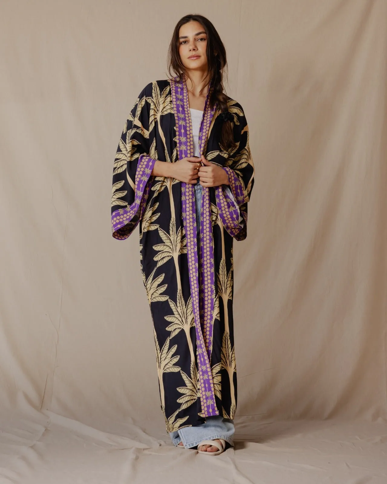 Palms Cotton Kimono Black X Purple