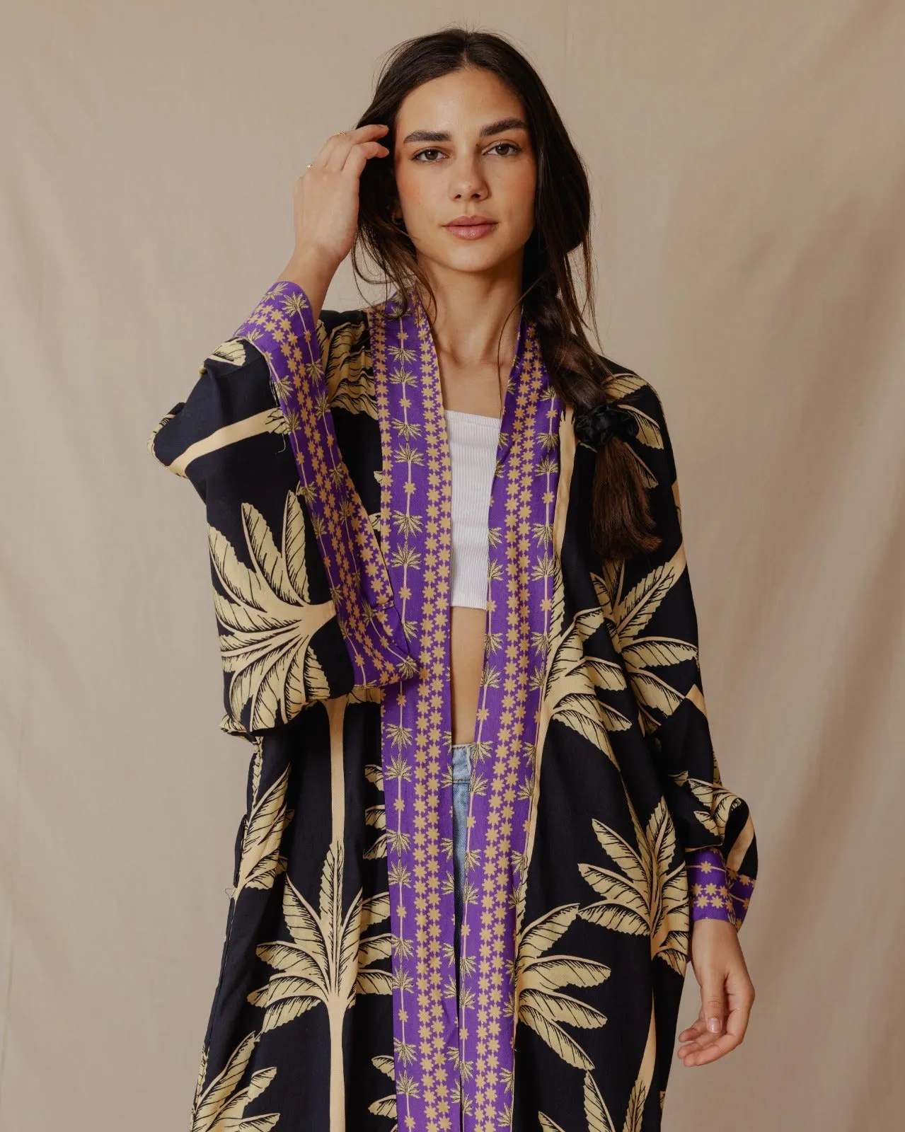 Palms Cotton Kimono Black X Purple