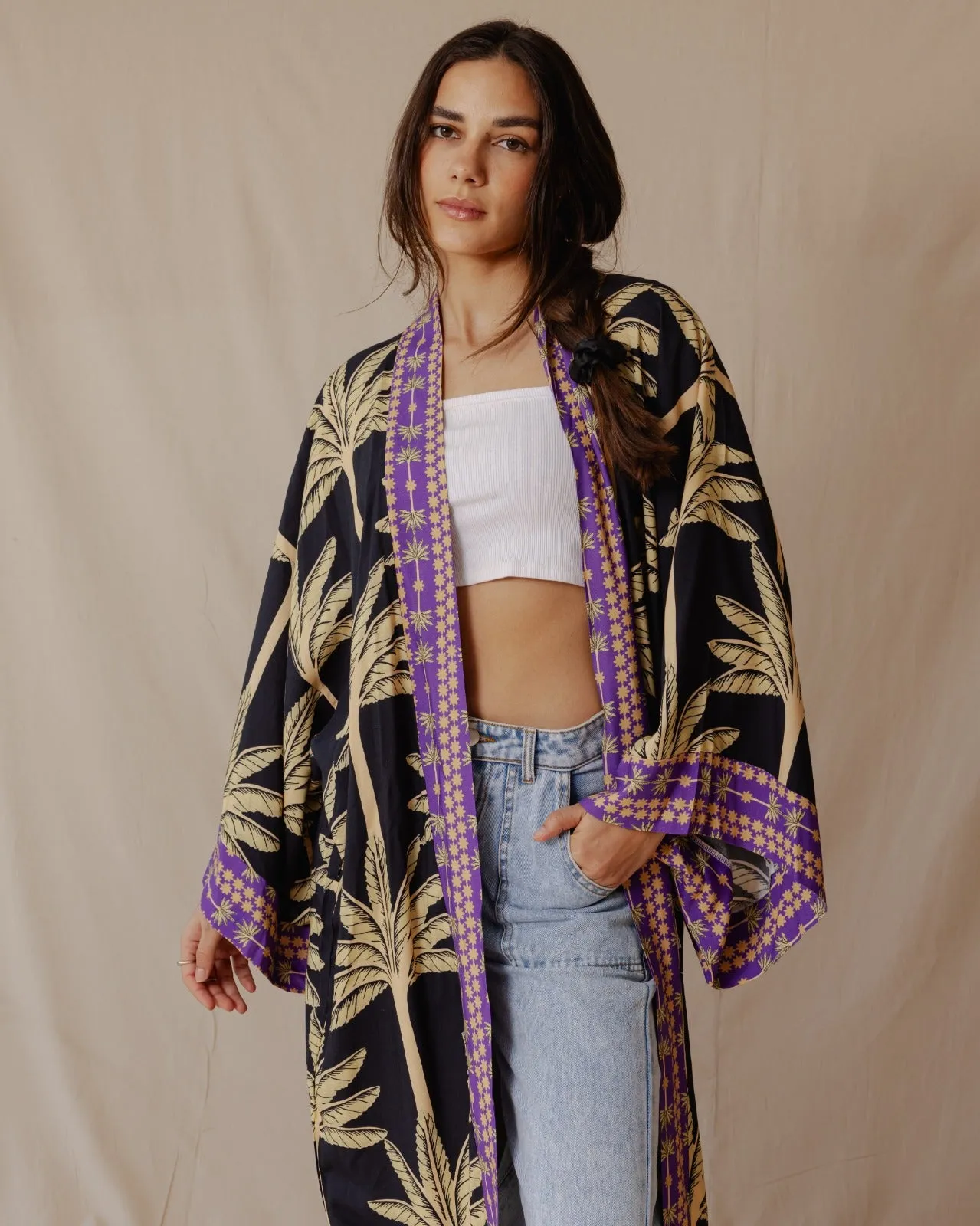 Palms Cotton Kimono Black X Purple