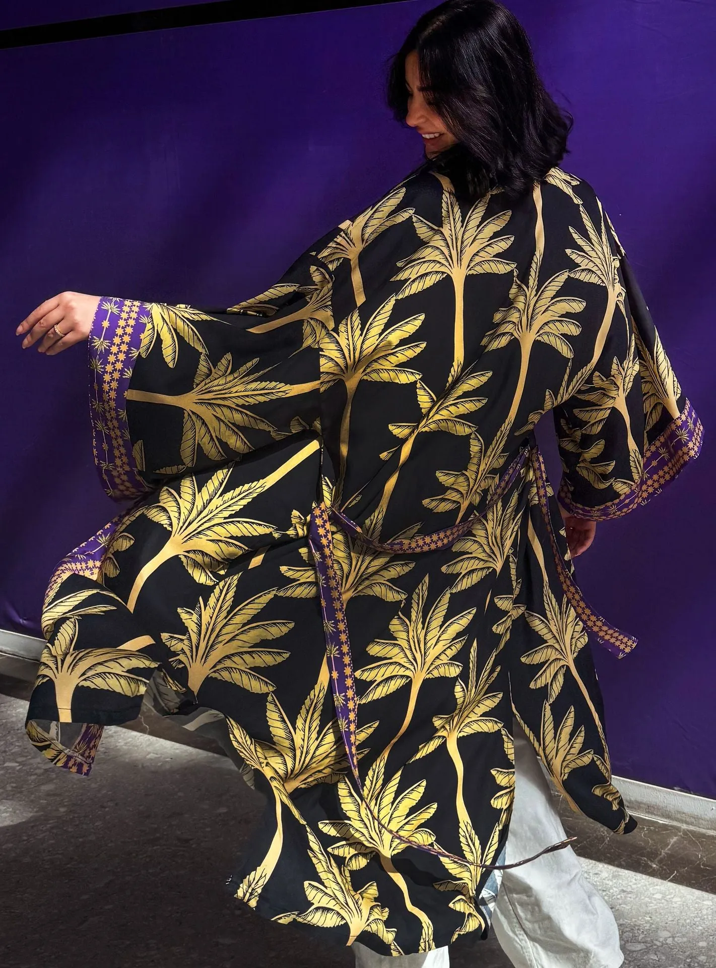 Palms Cotton Kimono Black X Purple