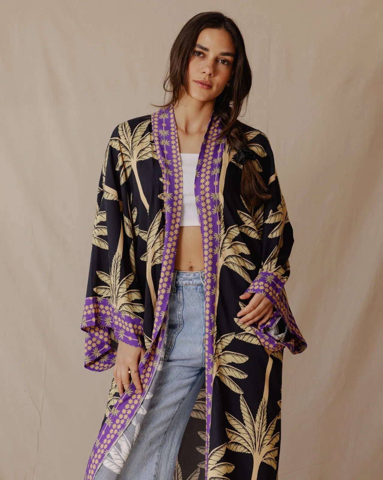 Palms Cotton Kimono Black X Purple