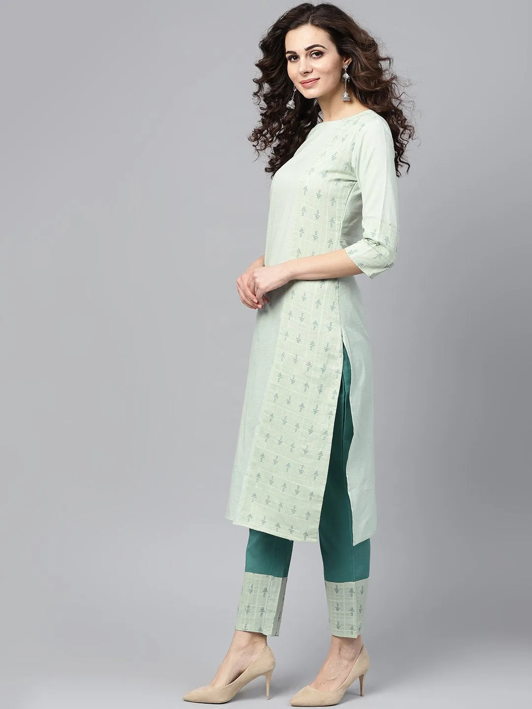 Pastel Green Straight Kurta Set With Solid Teal Green Pants & Dobby Printed Detailing