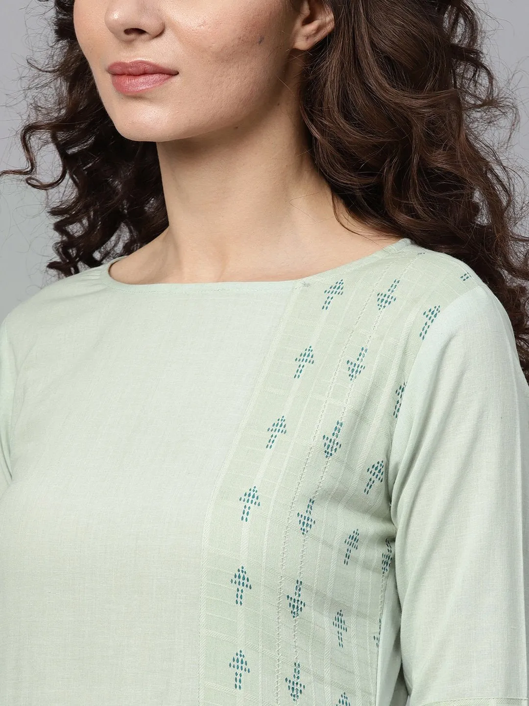 Pastel Green Straight Kurta Set With Solid Teal Green Pants & Dobby Printed Detailing