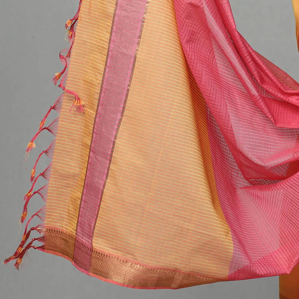 Peach - 3pc Mangalagiri Handloom Cotton Nizam Zari Border Suit Material Set 11