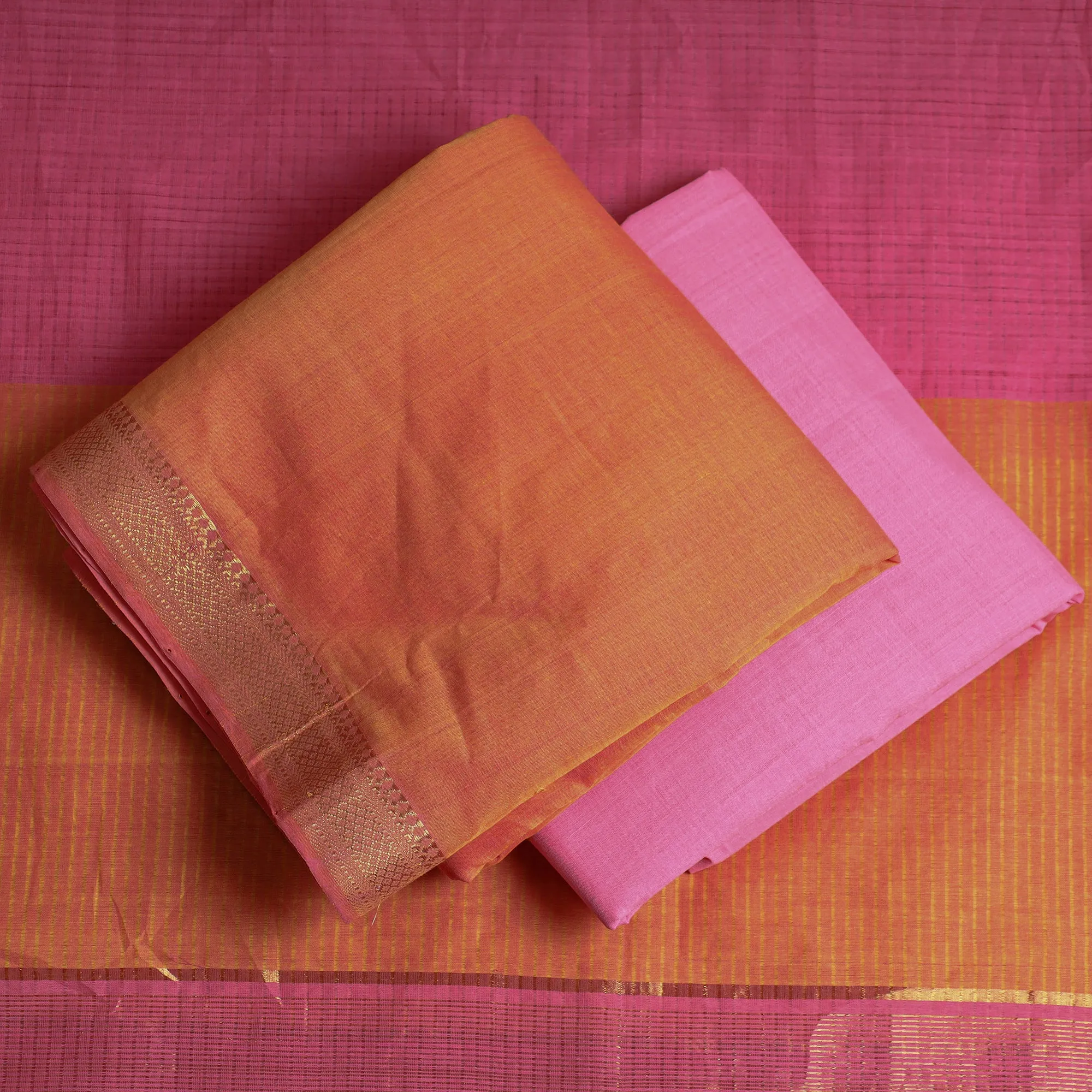 Peach - 3pc Mangalagiri Handloom Cotton Nizam Zari Border Suit Material Set 11