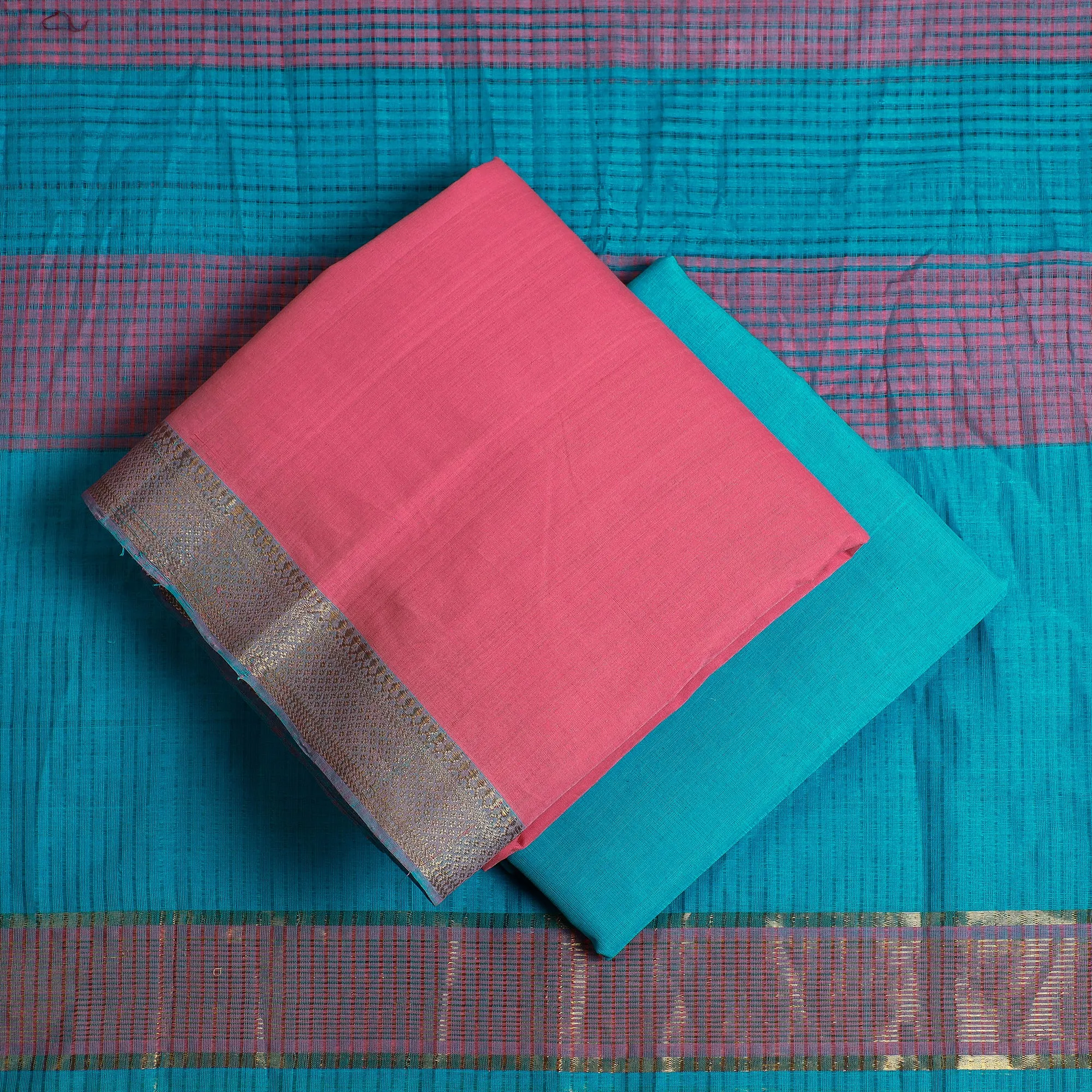 Pink - 3pc Mangalagiri Handloom Cotton Suit Material Set with Zari Border