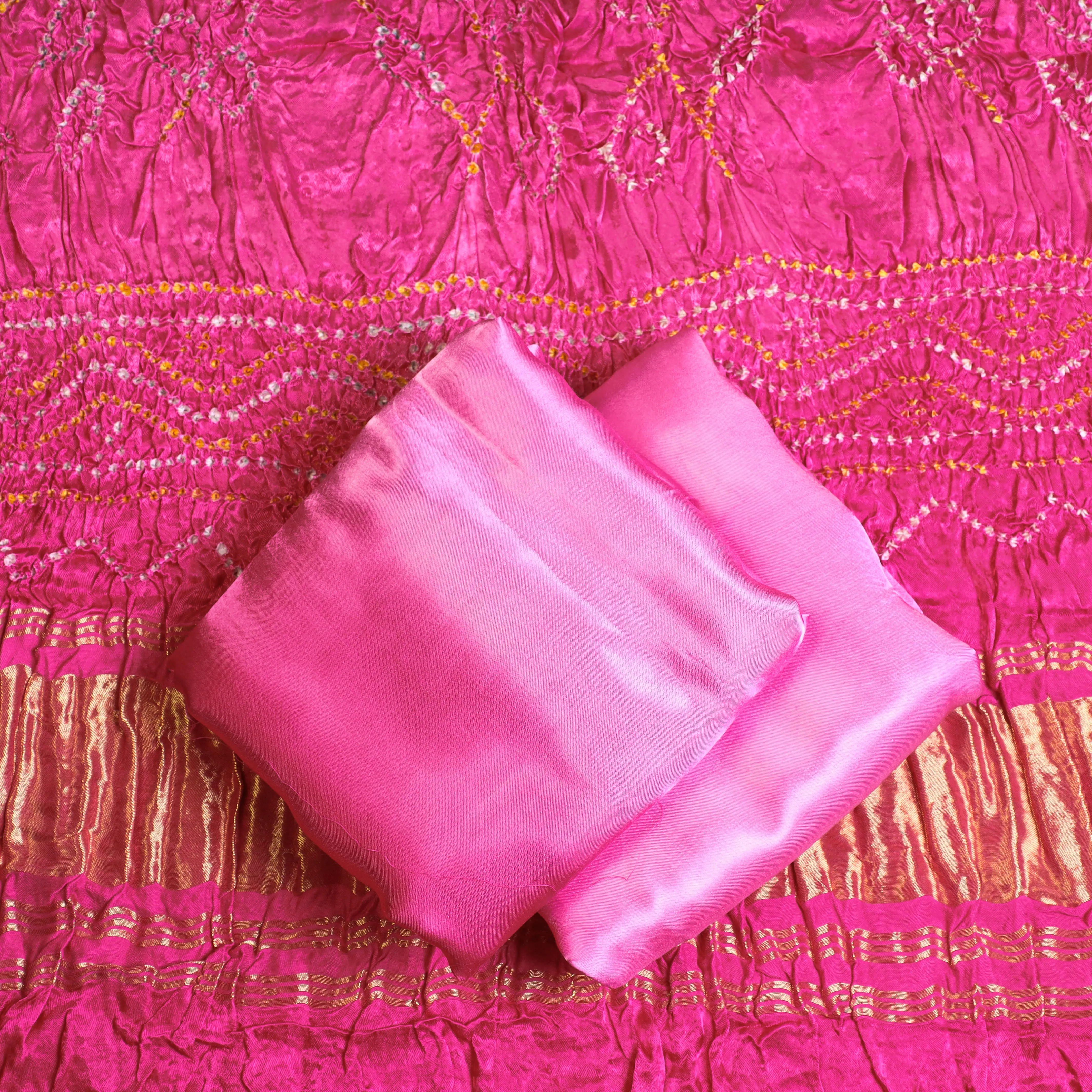 Pink - 3pc Plain Modal Silk Suit Material Set with Bandhani Lagdi Patta Dupatta